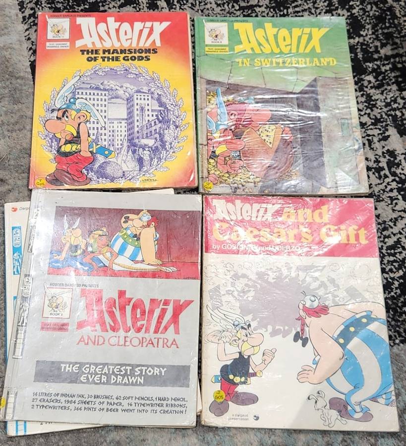 Asterix books x 5 - Collectible 1980s - used ex-library books (show wear/ writing inside)